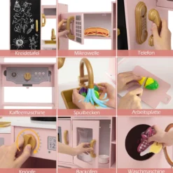 Holz Kinderküche mit Licht & Sound Eck Spielküche mit Tafel & Mikrowell & Spüle Holzküche Rosa
