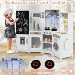 Holz Kinderküche mit Licht & Sound Eck Spielküche mit Tafel & Mikrowell & Spüle Holzküche Weiß