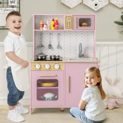Holz Kinderküche mit Mikrowelle & Herd & Spüle & Backofen Spielküche Kinder Küche Rosa