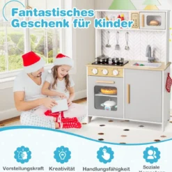 Holz Kinderküche mit Mikrowelle & Herd & Spüle & Backofen Spielküche Kinder Küche Weiß