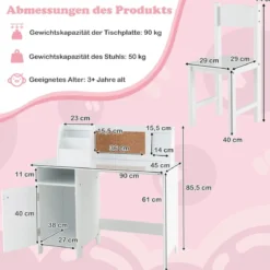 Holz Kinderschreibtisch Set mit Stuhl & Bücherregal & Schrank & Pinnwand Schreibtisch Weiß