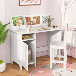 Holz Kinderschreibtisch Set mit Stuhl & Bücherregal & Schrank & Pinnwand Schreibtisch Weiß