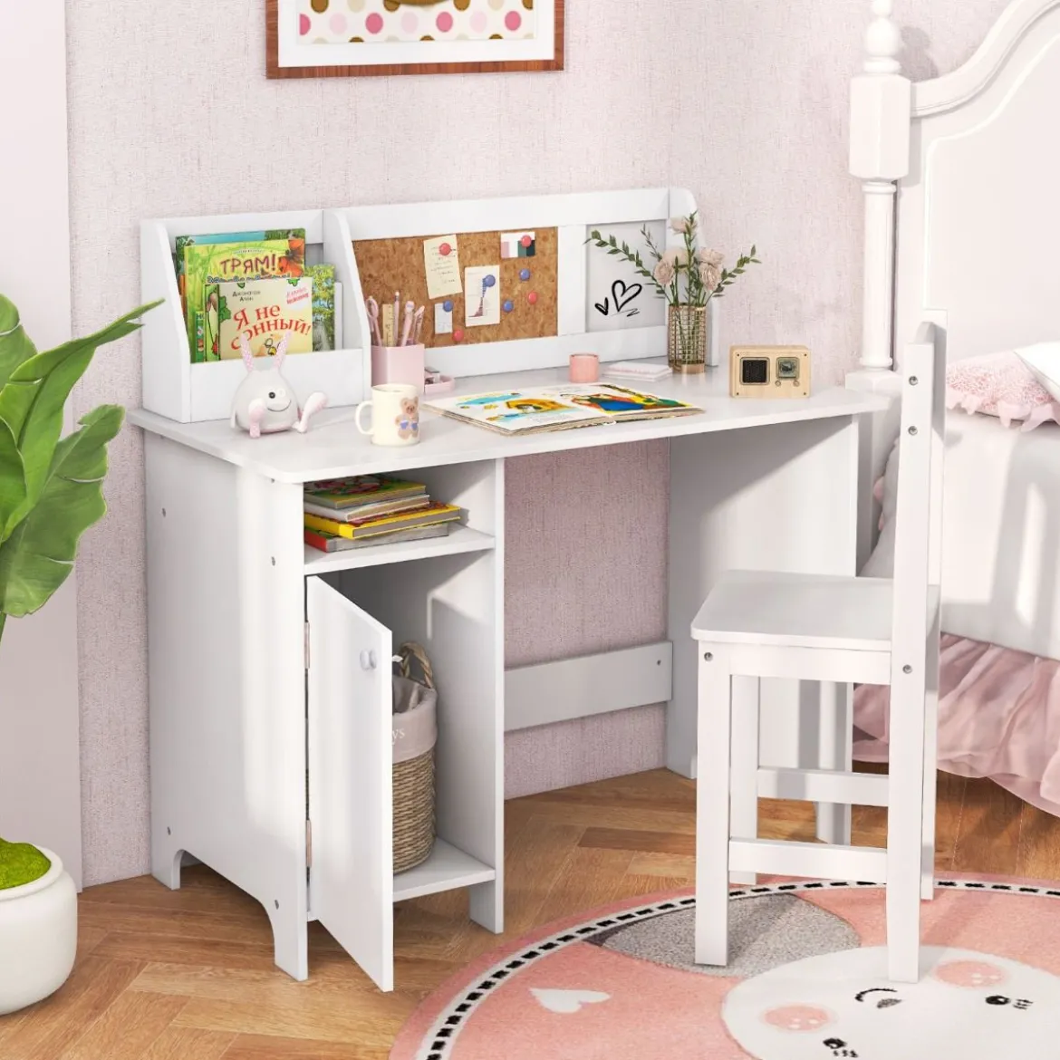 Holz Kinderschreibtisch Set mit Stuhl & Bücherregal & Schrank & Pinnwand Schreibtisch Weiß