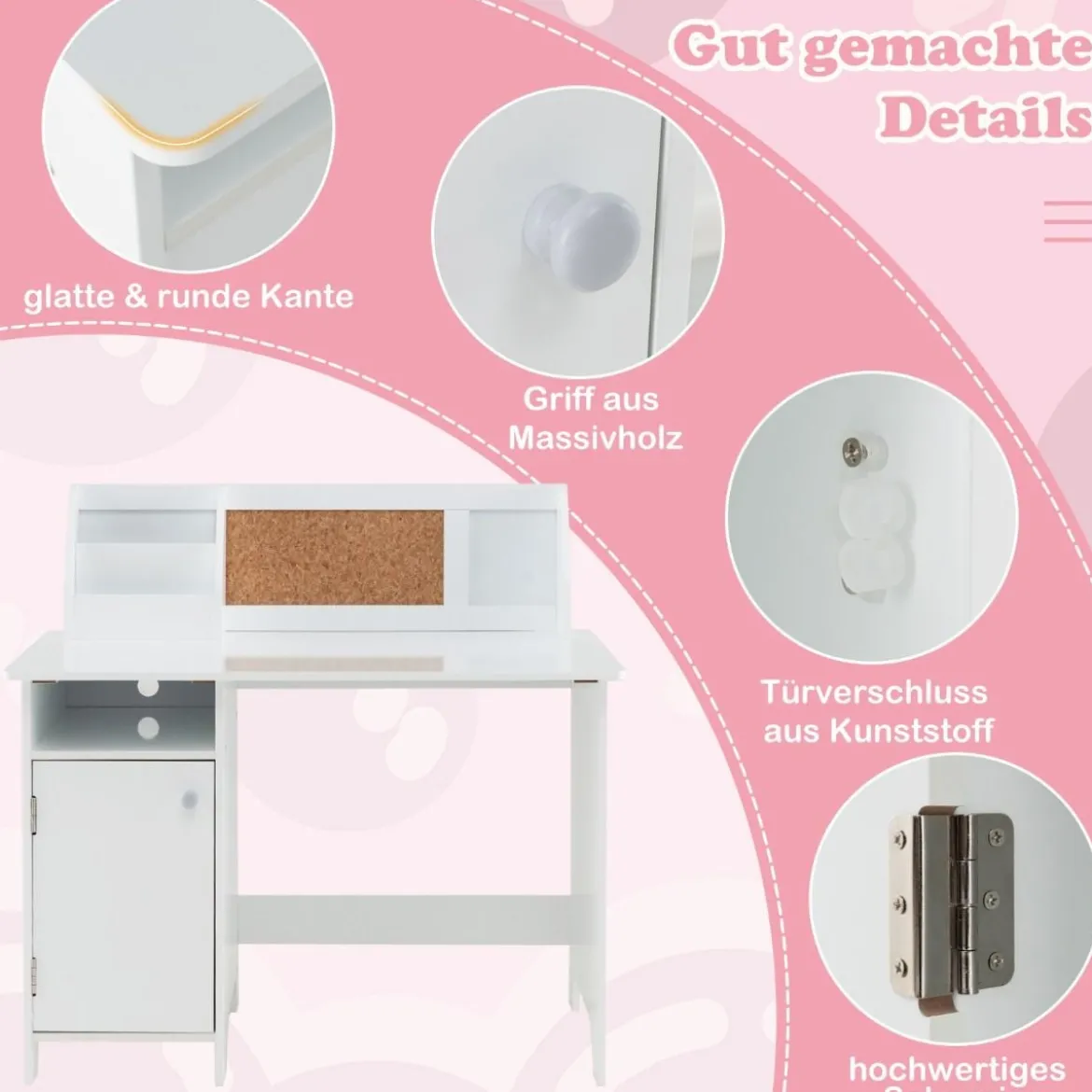 Holz Kinderschreibtisch Set mit Stuhl & Bücherregal & Schrank & Pinnwand Schreibtisch Weiß