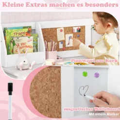 Holz Kinderschreibtisch Set mit Stuhl & Bücherregal & Schrank & Pinnwand Schreibtisch Weiß