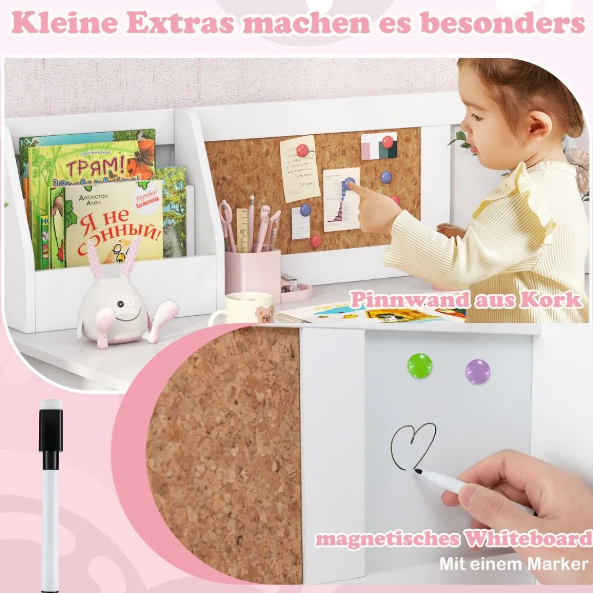 Holz Kinderschreibtisch Set mit Stuhl & Bücherregal & Schrank & Pinnwand Schreibtisch Weiß