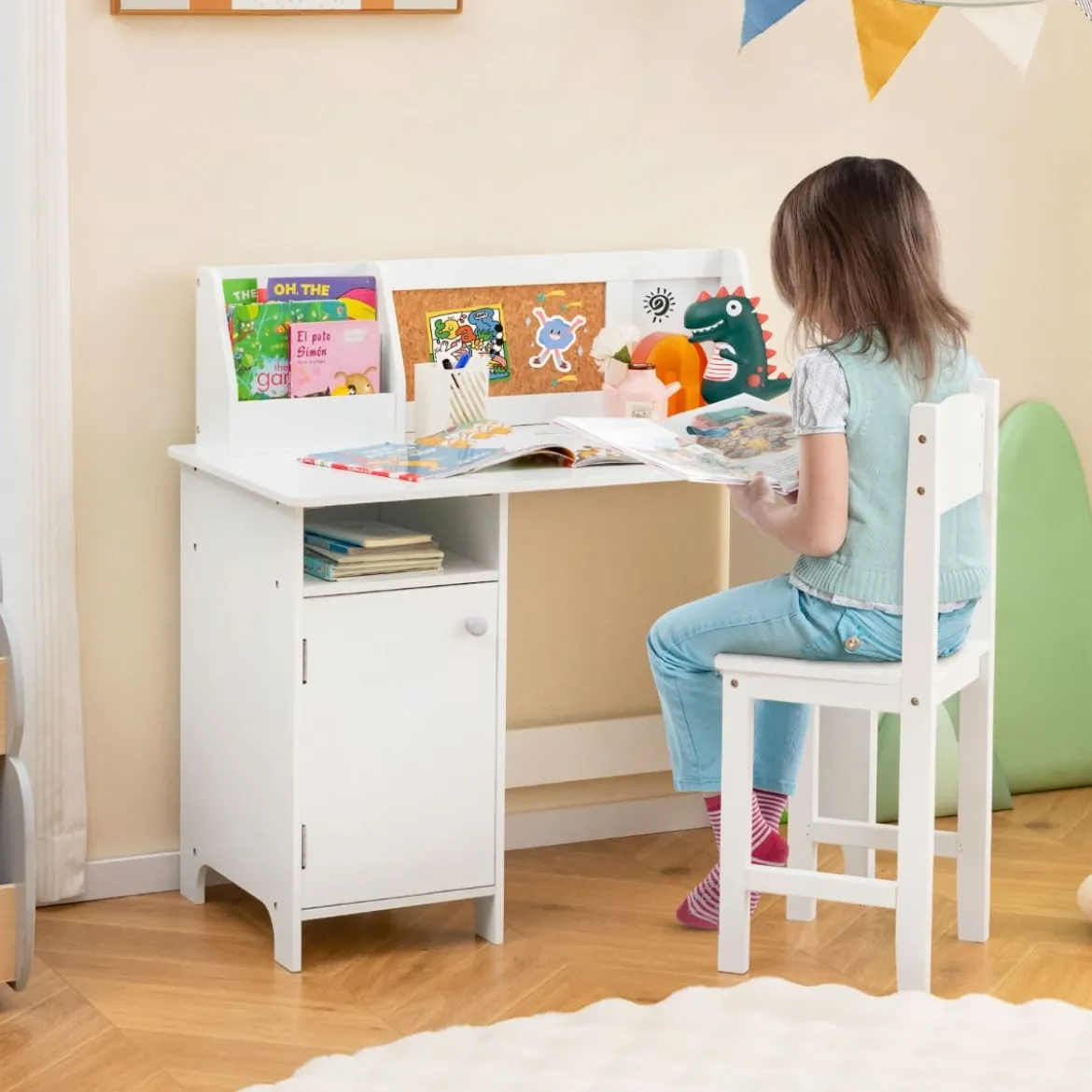 Holz Kinderschreibtisch Set mit Stuhl & Bücherregal & Schrank & Pinnwand Schreibtisch Weiß