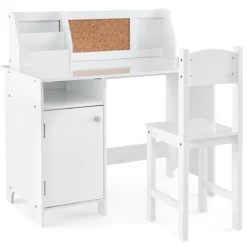 Holz Kinderschreibtisch Set mit Stuhl & Bücherregal & Schrank & Pinnwand Schreibtisch Weiß