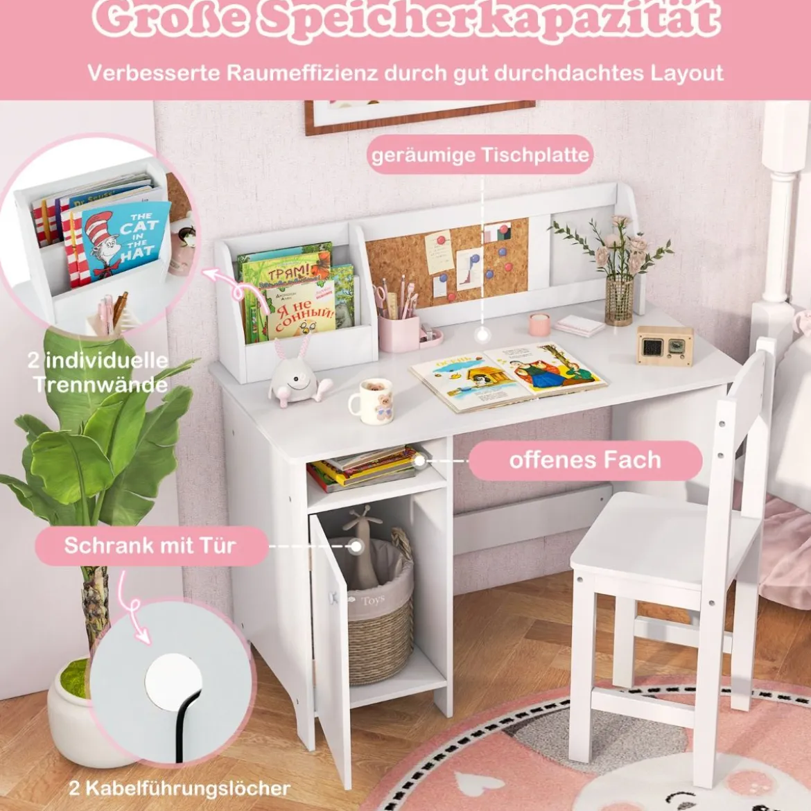 Holz Kinderschreibtisch Set mit Stuhl & Bücherregal & Schrank & Pinnwand Schreibtisch Weiß