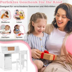 Holz Kinderschreibtisch Set mit Stuhl & Bücherregal & Schrank & Pinnwand Schreibtisch Weiß