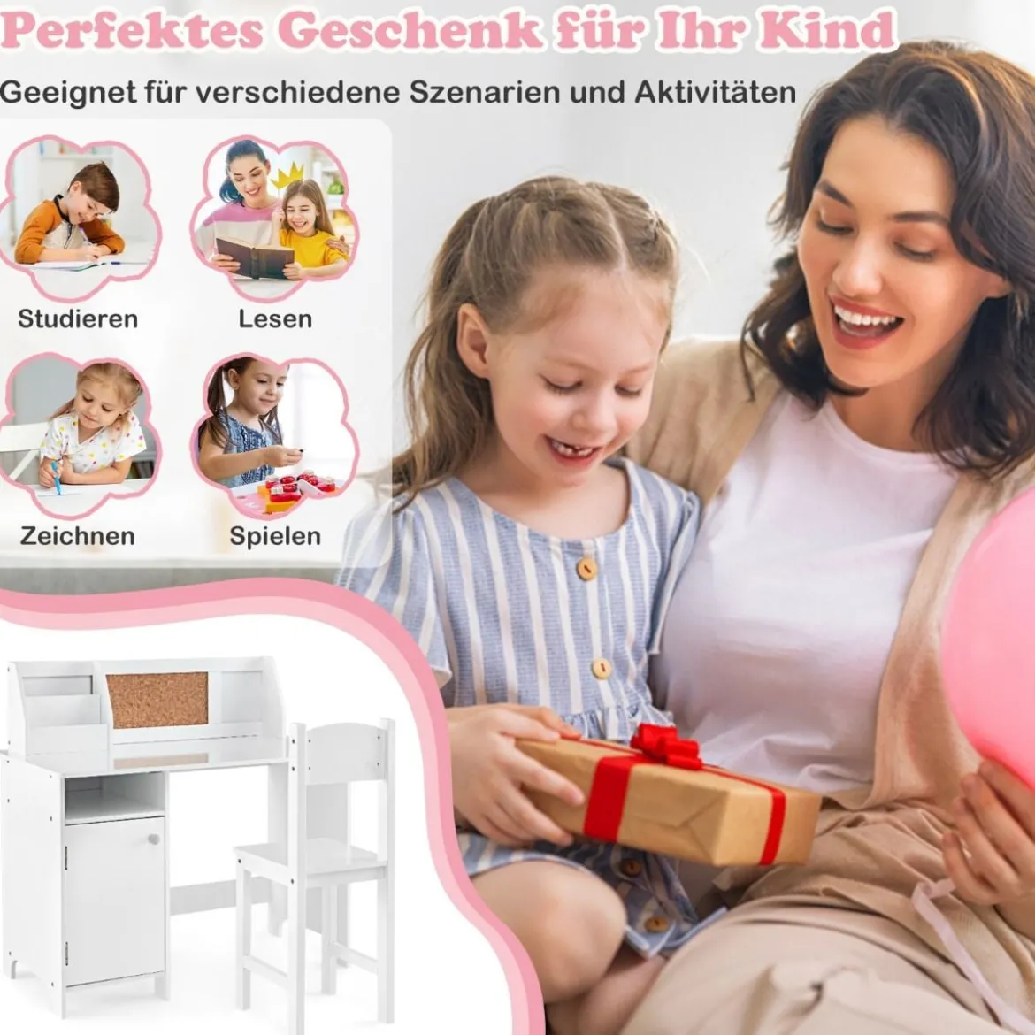 Holz Kinderschreibtisch Set mit Stuhl & Bücherregal & Schrank & Pinnwand Schreibtisch Weiß