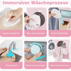 Holz Kinder-Wäsche-Set Spielzeug Waschmaschine mit Waschmittelflasche Bügeleisen Rosa