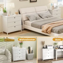 Holz Kommode mit 3 Schubladen & Metallgriffe Modern Sideboard Schubladenschrank