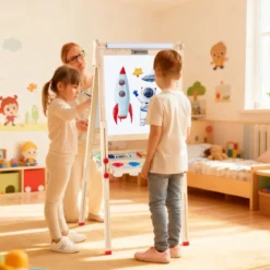 Holz-Kunststaffelei für Kinder 3-in-1 klappbare doppelseitige magnetische Staffelei mit Whiteboard Tafel Natur