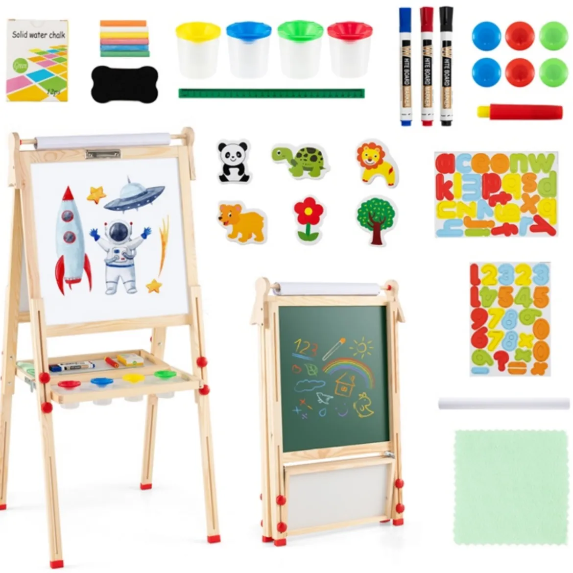 Holz-Kunststaffelei für Kinder 3-in-1 klappbare doppelseitige magnetische Staffelei mit Whiteboard Tafel Natur