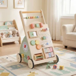 Holz Lauflernhilfe mit Rädern & Aufbewahrungskorb Lauflernwagen Schiebewagen für Babys