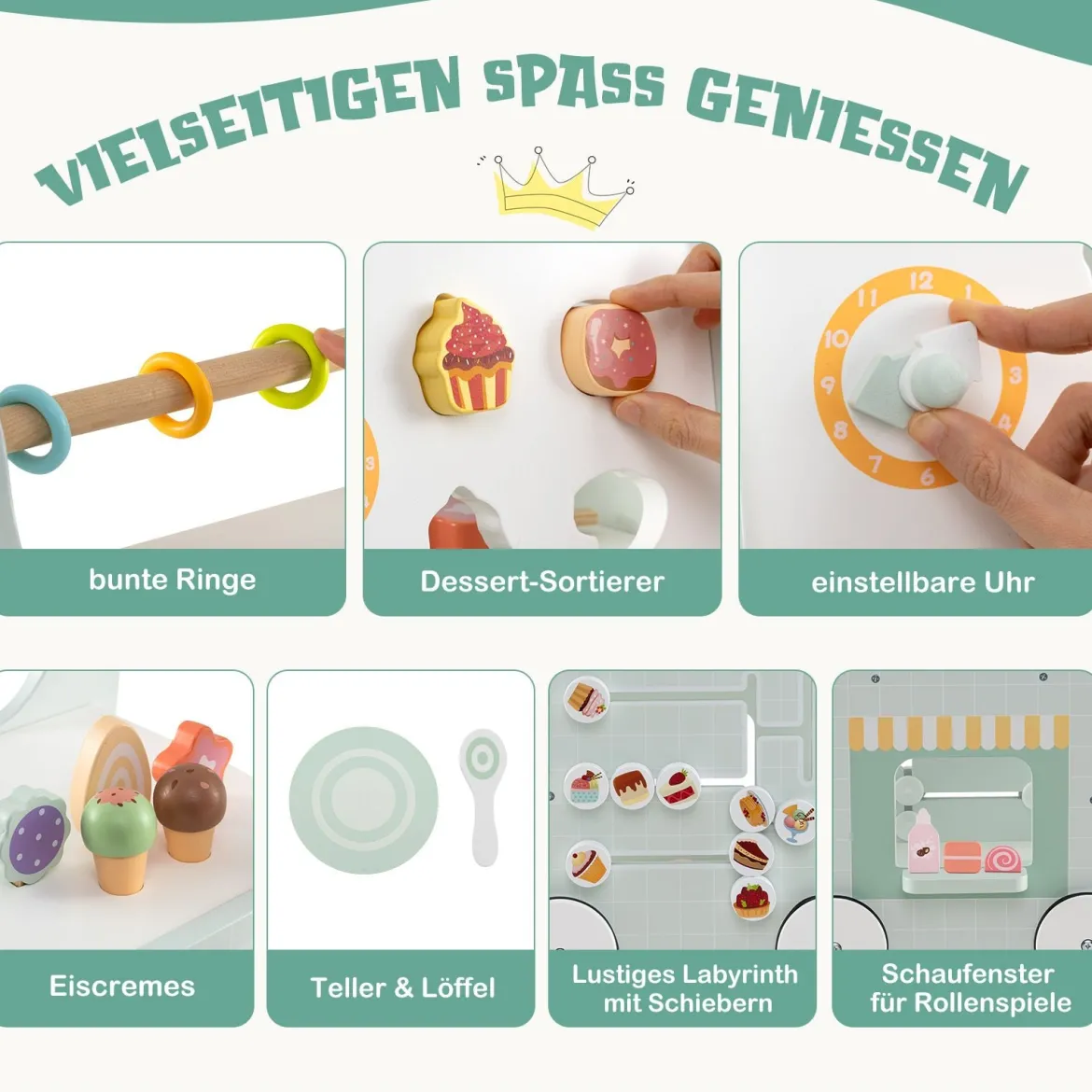 Holz Lauflernwagen mit Stauraum Lauflernhilfe auf Rädern Dessertladen mit Eiscreme Grün