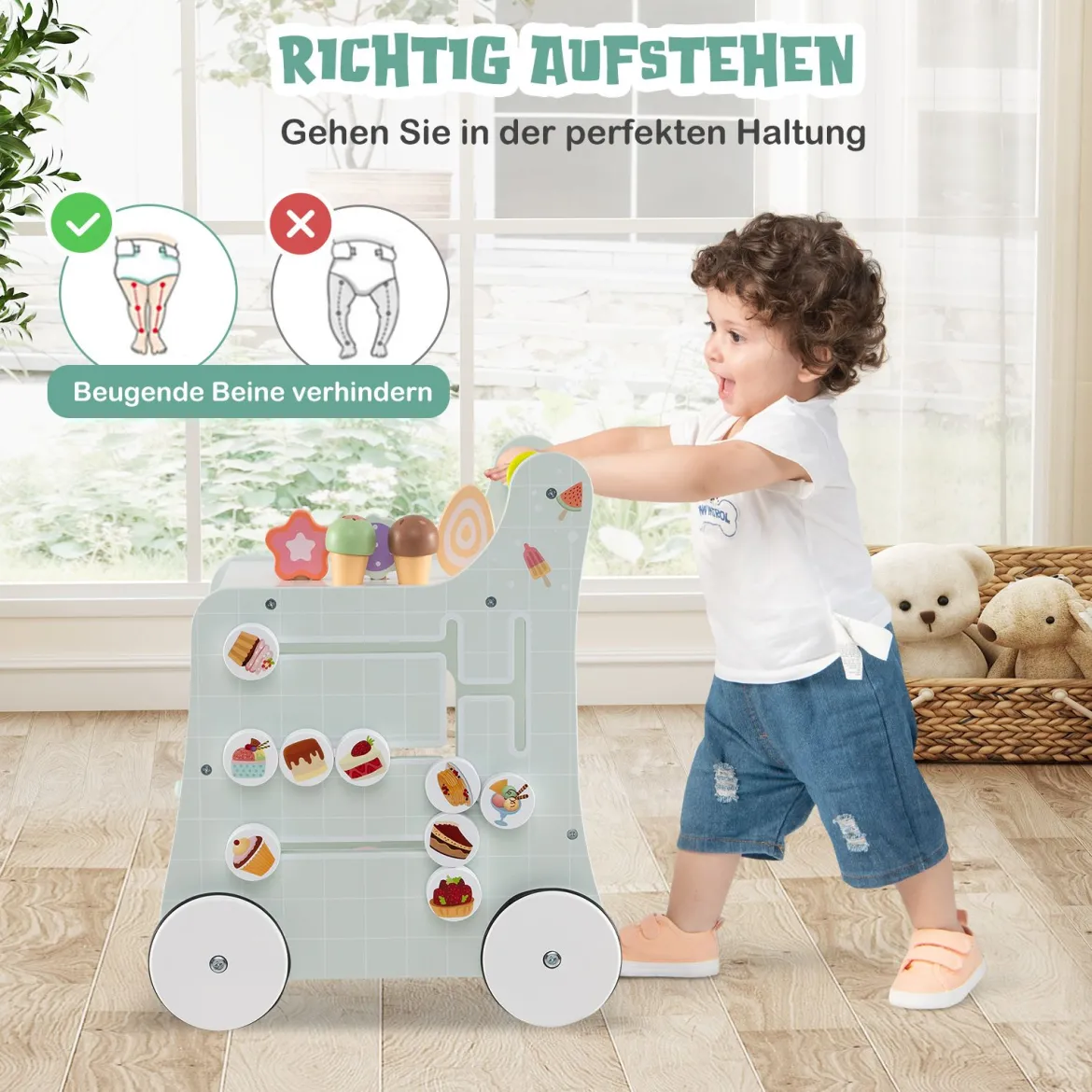 Holz Lauflernwagen mit Stauraum Lauflernhilfe auf Rädern Dessertladen mit Eiscreme Grün