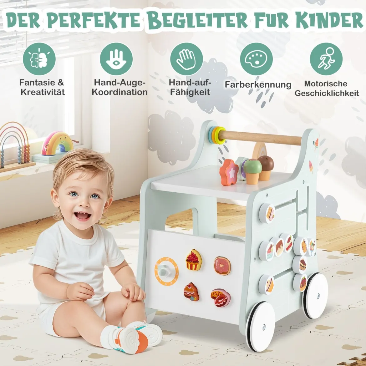 Holz Lauflernwagen mit Stauraum Lauflernhilfe auf Rädern Dessertladen mit Eiscreme Grün