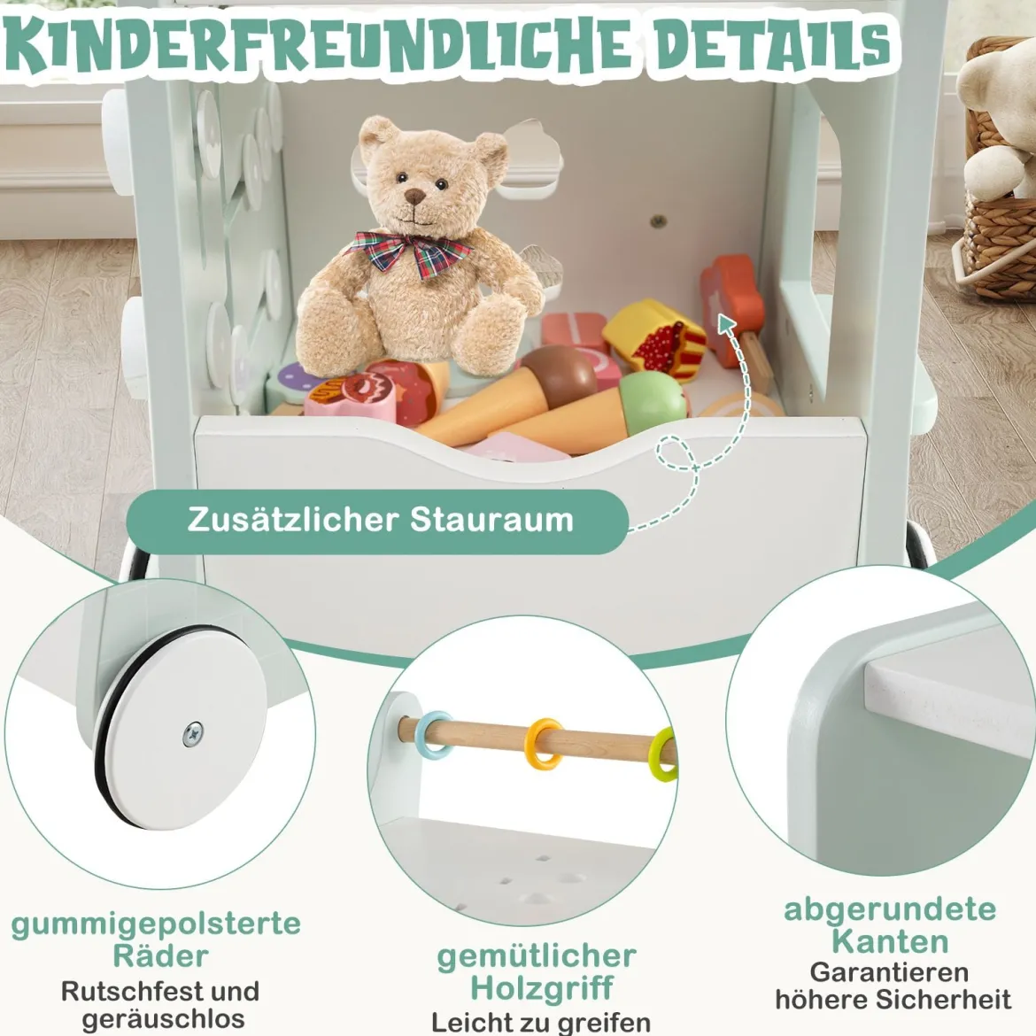 Holz Lauflernwagen mit Stauraum Lauflernhilfe auf Rädern Dessertladen mit Eiscreme Grün
