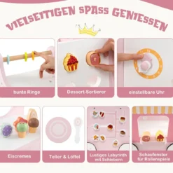 Holz Lauflernwagen mit Stauraum Lauflernhilfe auf Rädern Dessertladen mit Eiscreme Rosa