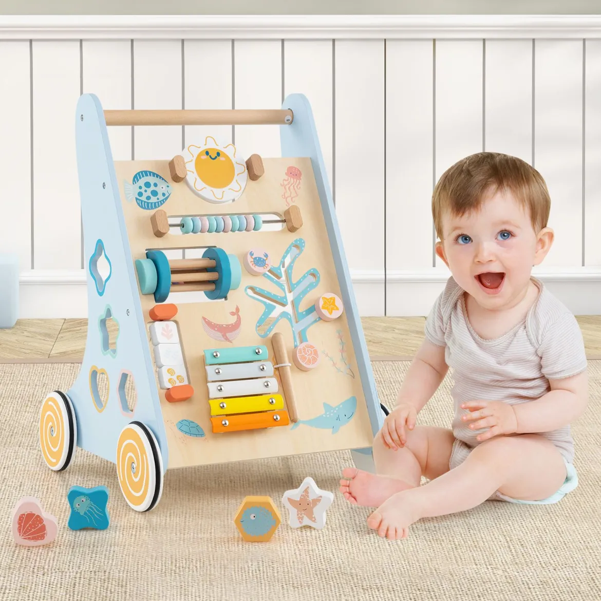 Holz Lauflernwagen zum Schieben & Ziehen Montessori Baby Lauflernhilfe mit Rädern