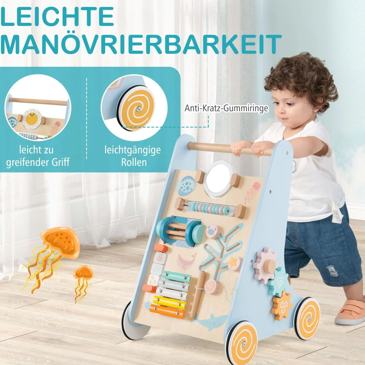 Holz Lauflernwagen zum Schieben & Ziehen Montessori Baby Lauflernhilfe mit Rädern