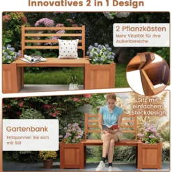 Holz Outdoor Pflanzkasten mit Bank Gartensitz mit 2 Blumenkästen & Rückenlehne Natur