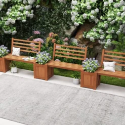 Holz Outdoor Pflanzkasten mit Bank Gartensitz mit 2 Blumenkästen & Rückenlehne Natur