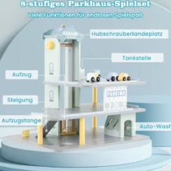 Holz Parkhaus mit 3 Etagen & 4 Autos & Aufzug Parkgarage Autogarage Spielzeug für Kinder ab 3 J.