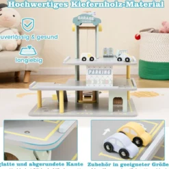 Holz Parkhaus mit 3 Etagen & 4 Autos & Aufzug Parkgarage Autogarage Spielzeug für Kinder ab 3 J.