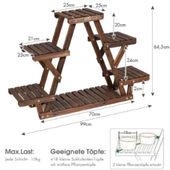 Holz-Pflanzenständer Dreieckiges Pflanzenregal für 6 Töpfe 99 x 25 x 64,5 cm Braun