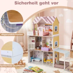 Holz Puppenhaus für Kinder 3-stöckiges DIY modernes Familien-Puppenhaus zum Rollenspiel Rosa
