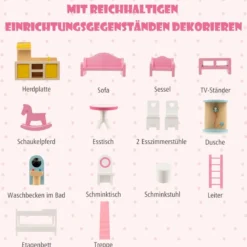 Holz Puppenhaus mit 3 Etagen & 15 Möbel & 6 Zimmern Traumhaus Dollhouse Puppenvilla