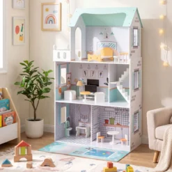 Holz Puppenhaus mit 17-teiliger Möbelausstattung & Treppenzubehör Dollhouse Grün