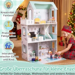 Holz Puppenhaus mit 17-teiliger Möbelausstattung & Treppenzubehör Dollhouse Grün