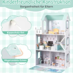 Holz Puppenhaus mit 17-teiliger Möbelausstattung & Treppenzubehör Dollhouse Grün