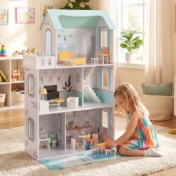 Holz Puppenhaus mit 17-teiliger Möbelausstattung & Treppenzubehör Dollhouse Grün