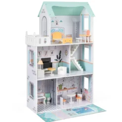Holz Puppenhaus mit 17-teiliger Möbelausstattung & Treppenzubehör Dollhouse Grün