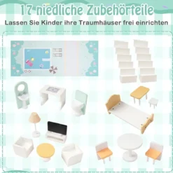 Holz Puppenhaus mit 17-teiliger Möbelausstattung & Treppenzubehör Dollhouse Grün