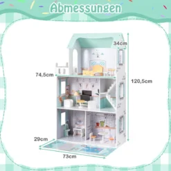 Holz Puppenhaus mit 17-teiliger Möbelausstattung & Treppenzubehör Dollhouse Grün