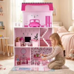 Holz Puppenhaus mit 17-teiliger Möbelausstattung & Treppenzubehör Dollhouse Rosa