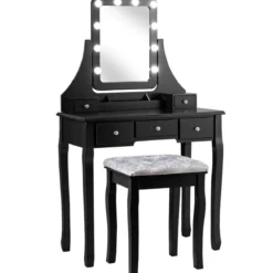 Holz-Schminktisch mit rechteckigem Spiegel & gepolstertem Hocker 80 x 40 x 135,5 cm Schwarz