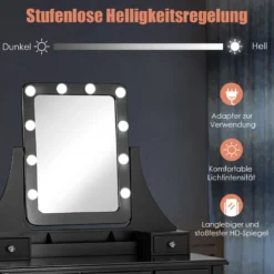 Holz-Schminktisch mit rechteckigem Spiegel & gepolstertem Hocker 80 x 40 x 135,5 cm Schwarz