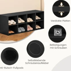 Holz Schuhbank mit Sitzfläche & 8 Offenen Fächern 230kg Belastbar Schuhschrank Schwarz Bücherschrank