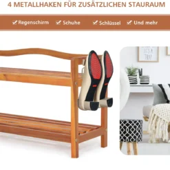 Holz Schuhregal 2-Ebenen Schuhregal aus massivem Akazienholz mit seitlichen Metallhaken Rotbraun