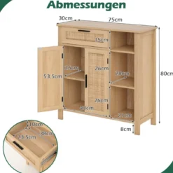Holz Sideboard mit Rattangeflecht Türen & Schubladen Buffetschrank Küchenschrank Küchenbuffet