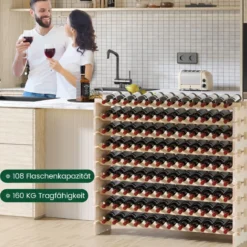 Holz Stapelbares Weinregal für 108 Flaschen mit 9 Ebenen Flaschenregal Weinständer