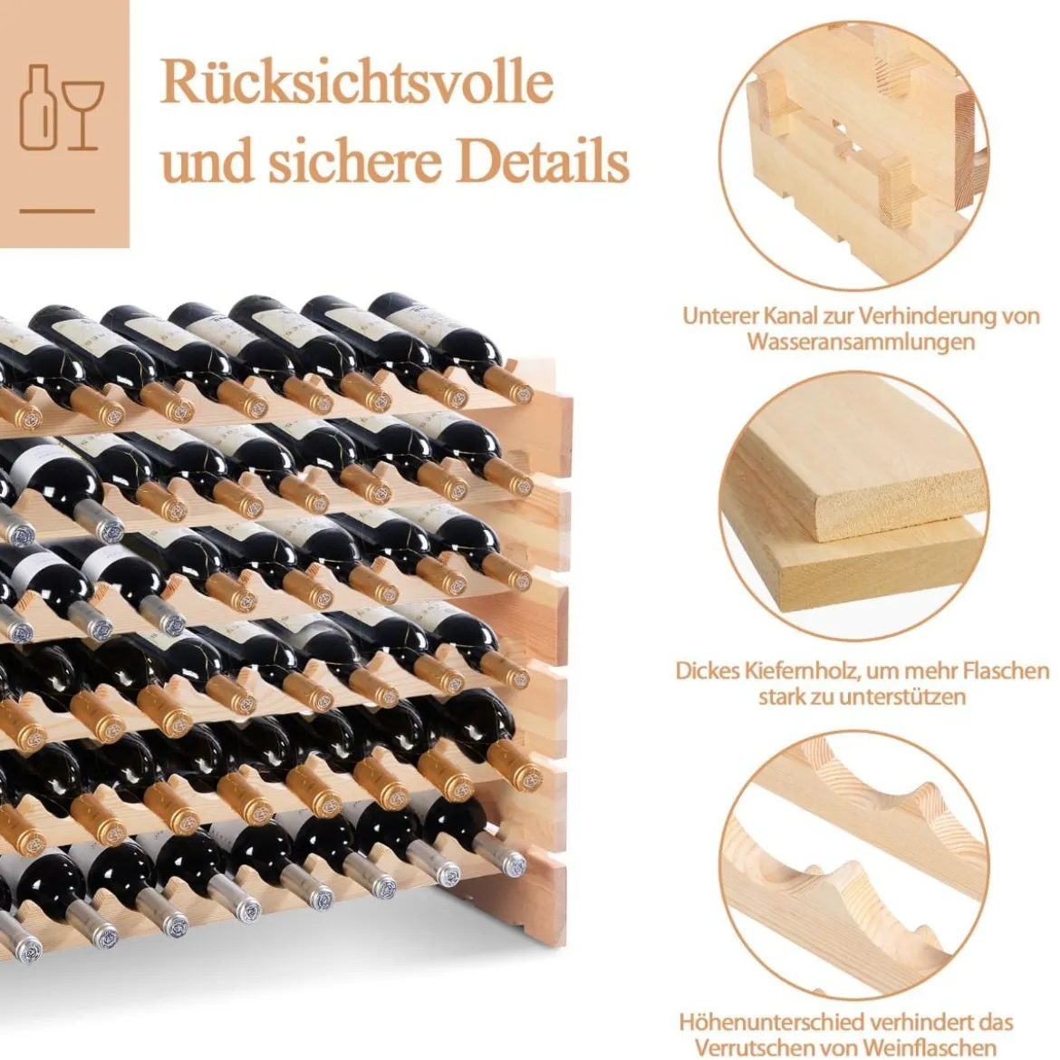 Holz Weinregal für 72 Flaschen Stapelbares Weinständer Flaschenregal Holzregal Weinschrank