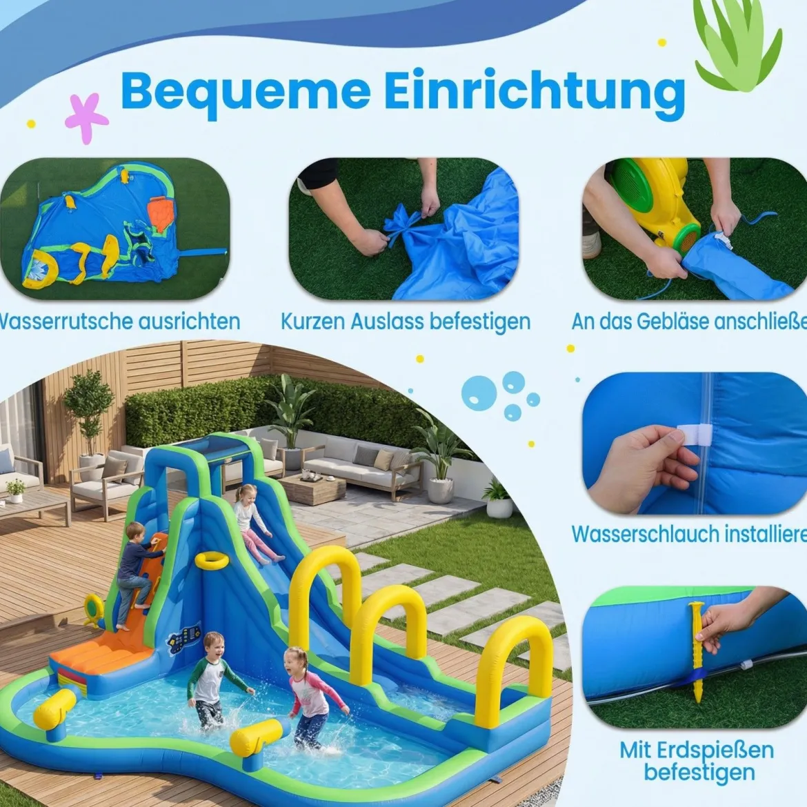 Hüpfburg mit Rutsche & Planschbecken & Kletterwand & Basketballkorb & 2 Wasserkanonen Wasserhüpfburg